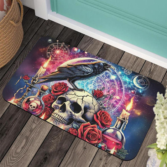 Gothic Crow and Skull Doormat Black Raven Witchcraft Doormat for Halloween