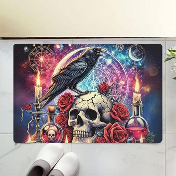 Gothic Crow and Skull Doormat Black Raven Witchcraft Doormat for Halloween