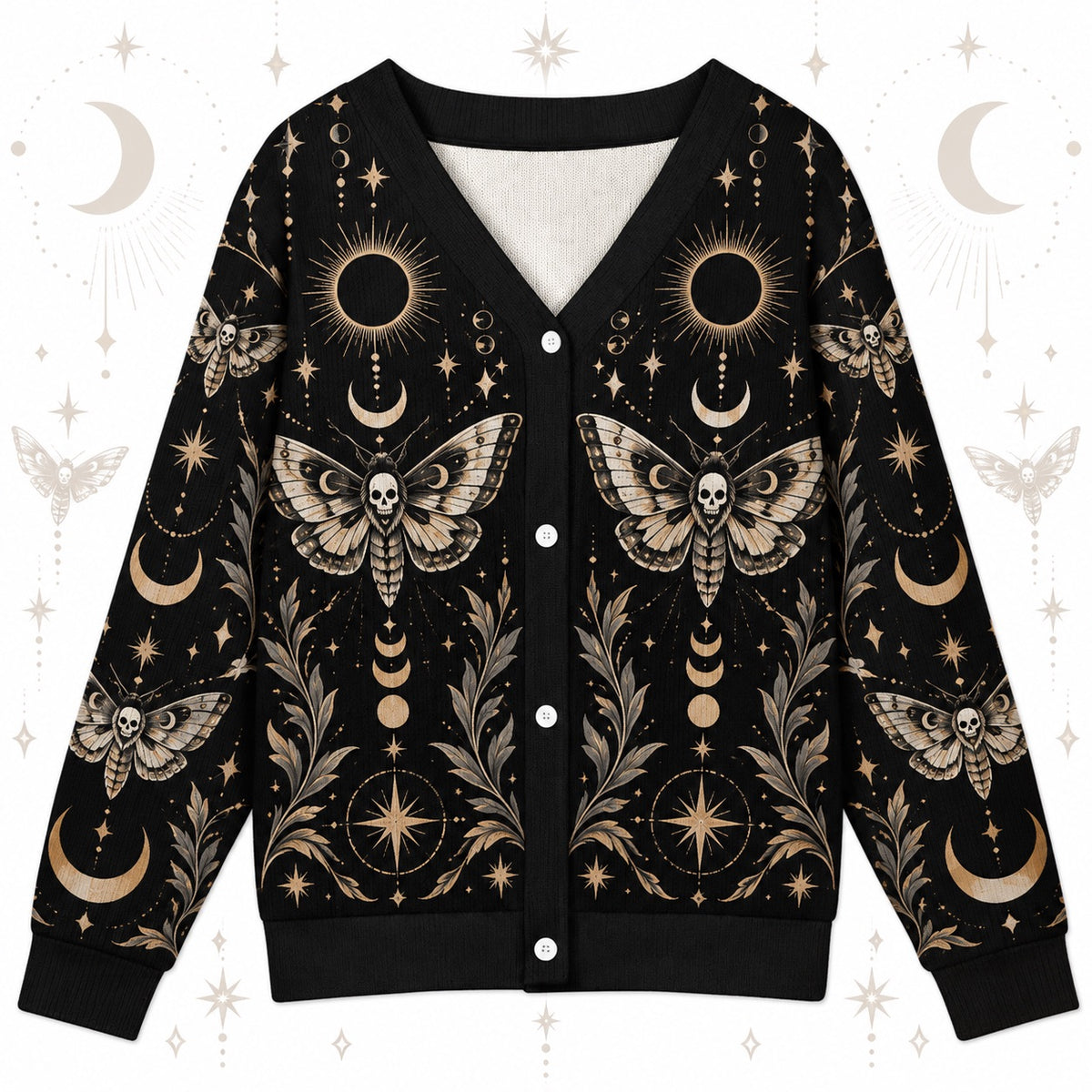 Death Moth Black Sun Eclipse Gothic Cardigan for Women Skull Moon Phase, front view