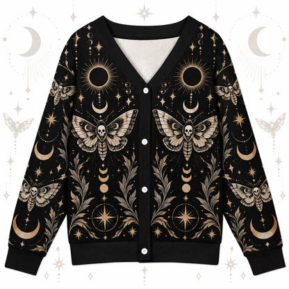 Death Moth Black Sun Eclipse Gothic Cardigan for Women Skull Moon Phase, front view