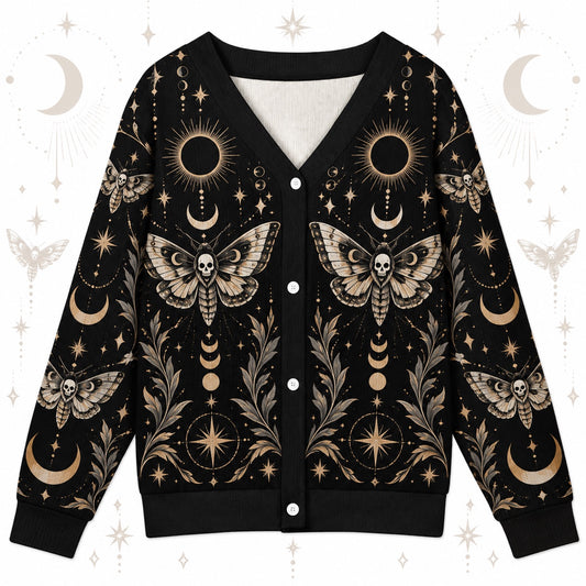 Death Moth Black Sun Eclipse Gothic Cardigan for Women Skull Moon Phase, front view