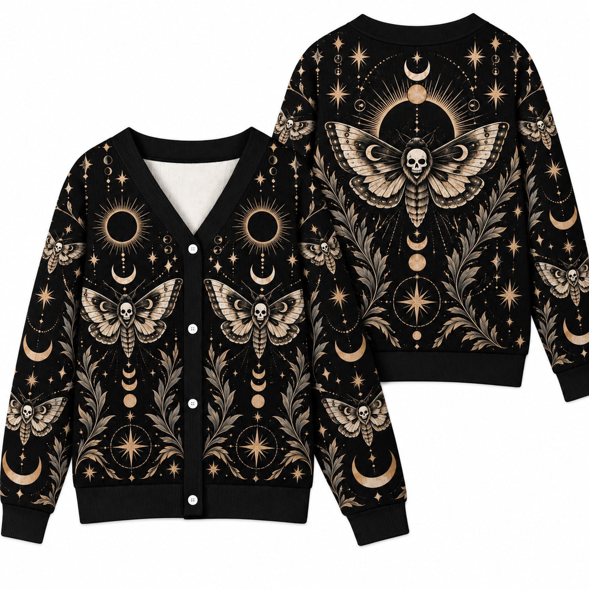 Death Moth Black Sun Eclipse Gothic Cardigan for Women Skull Moon Phase, front and back shown together