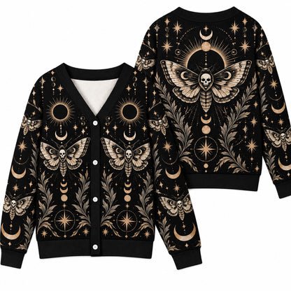 Death Moth Black Sun Eclipse Gothic Cardigan for Women Skull Moon Phase, front and back shown together