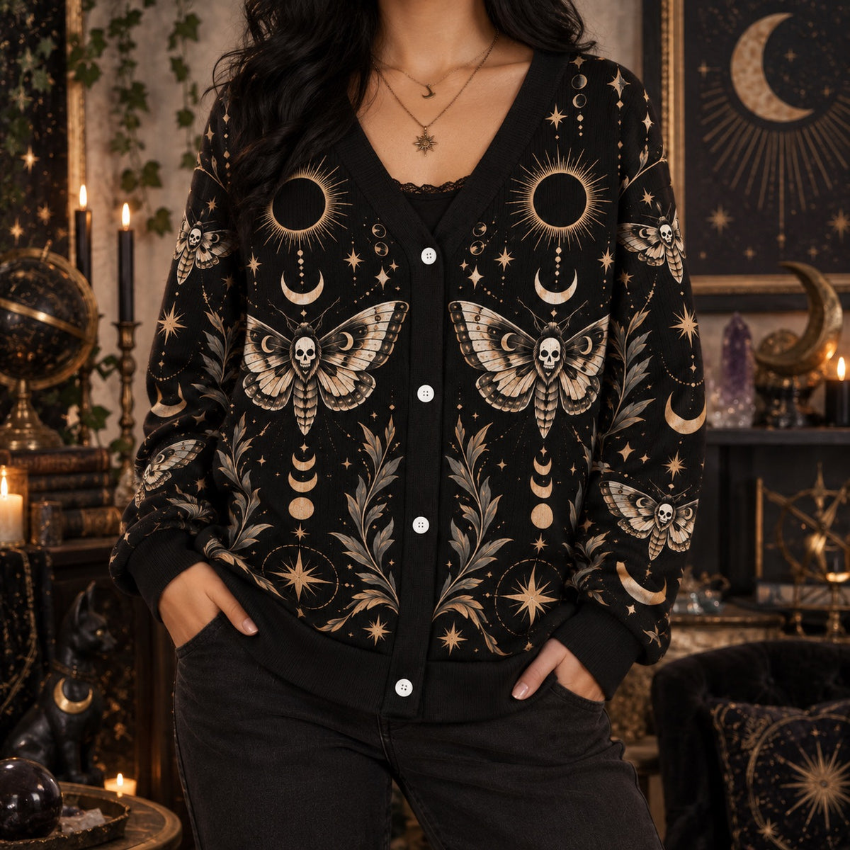 Death Moth Black Sun Eclipse Gothic Cardigan for Women Skull Moon Phase, worn, front view