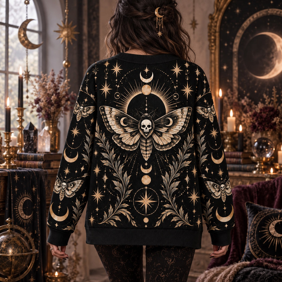 Death Moth Black Sun Eclipse Gothic Cardigan for Women Skull Moon Phase, worn, back view