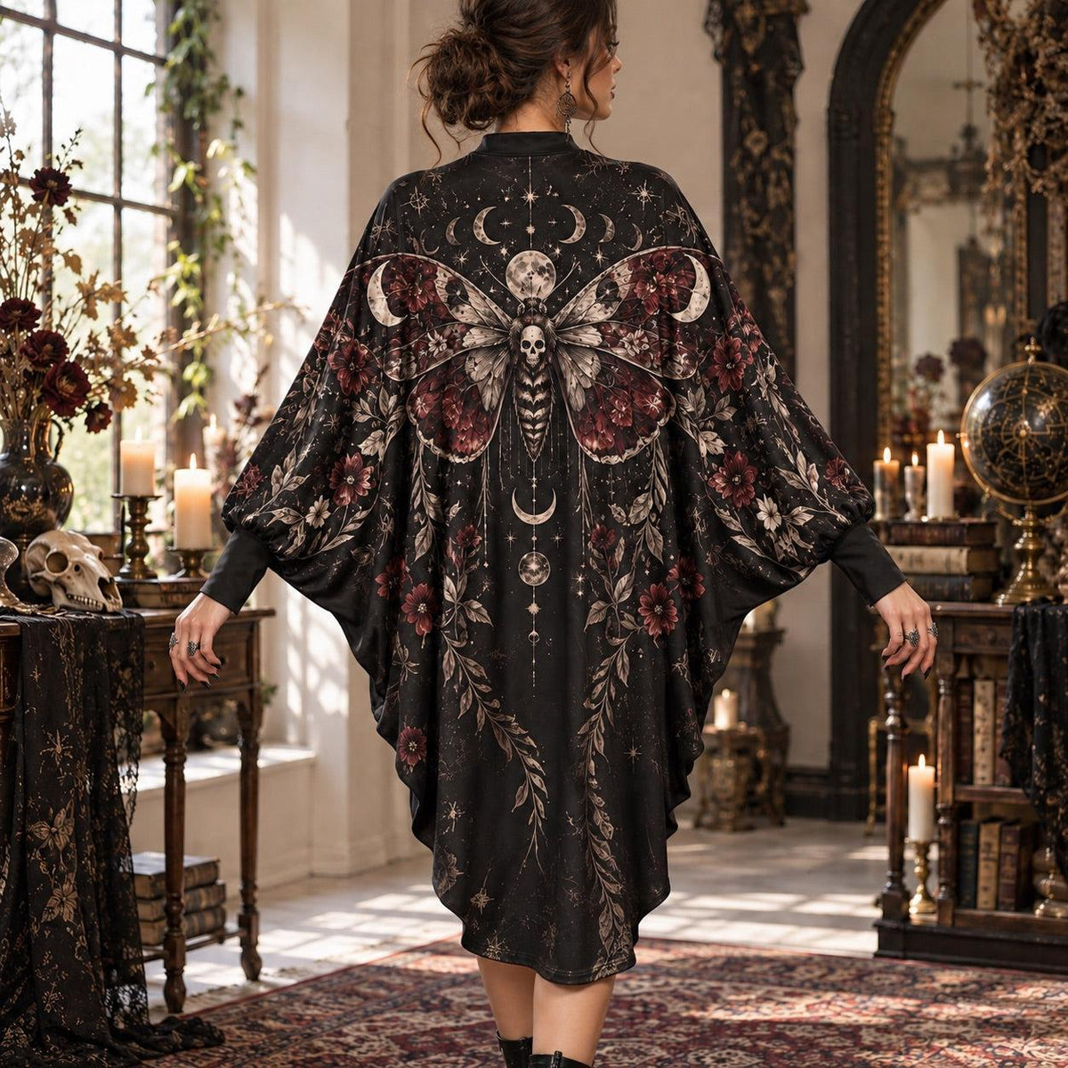 Death Moth Gothic Batwing Dress – Witchy Moon Phase Dark Floral Midi – worn, back view