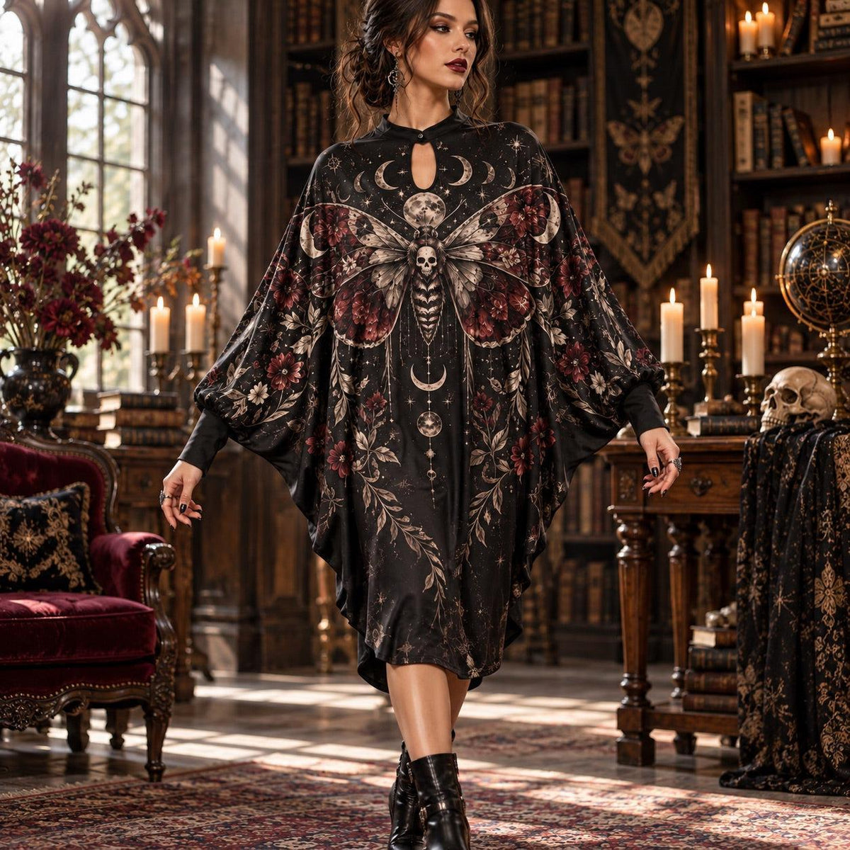 Death Moth Gothic Batwing Dress – Witchy Moon Phase Dark Floral Midi – worn, in motion