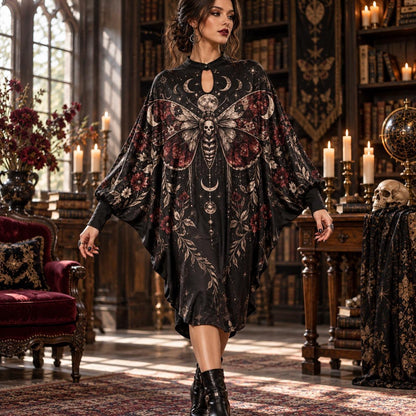 Death Moth Gothic Batwing Dress – Witchy Moon Phase Dark Floral Midi – worn, in motion
