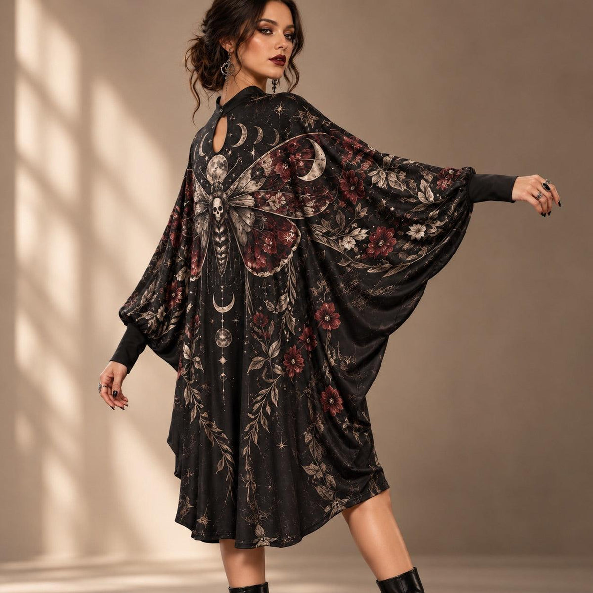 Death Moth Gothic Batwing Dress – Witchy Moon Phase Dark Floral Midi – worn, three quarter view