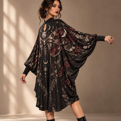 Death Moth Gothic Batwing Dress – Witchy Moon Phase Dark Floral Midi – worn, three quarter view