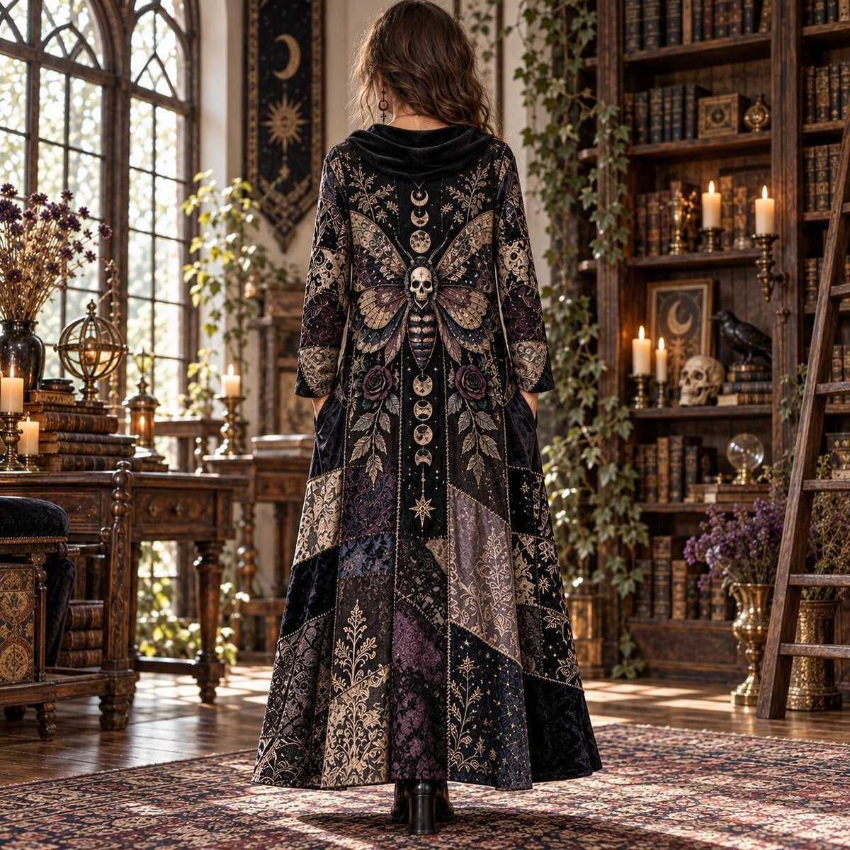 Death Moth Gothic Cowl Neck Dress – Witchy Celestial Moon Phase Maxi – worn, back view