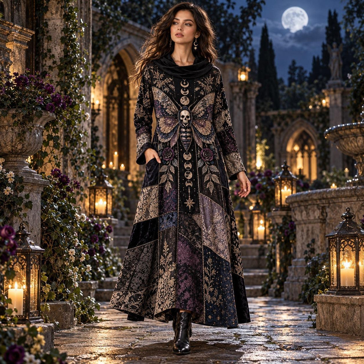 Death Moth Gothic Cowl Neck Dress – Witchy Celestial Moon Phase Maxi – worn, in motion