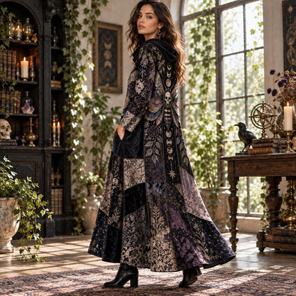 Death Moth Gothic Cowl Neck Dress – Witchy Celestial Moon Phase Maxi – worn, three quarter view