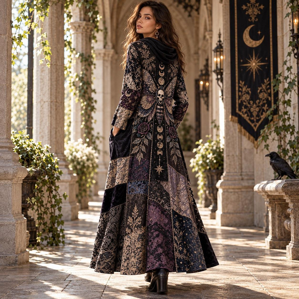 Death Moth Gothic Cowl Neck Dress – Witchy Celestial Moon Phase Maxi – worn, three quarter view