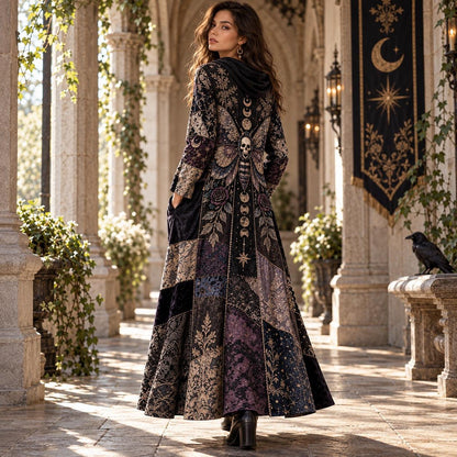 Death Moth Gothic Cowl Neck Dress – Witchy Celestial Moon Phase Maxi – worn, three quarter view