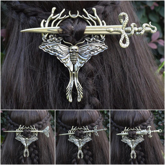 Sword Axe Dragon Gothic Moth Hairpin - Nordic Viking Hair Accessories - Wicca Pagan Hairclip