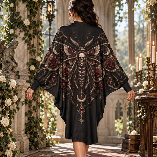 Death's-Head Moth Rose Gothic Batwing Dress – Thorn Moon Witchy Midi – worn, back view