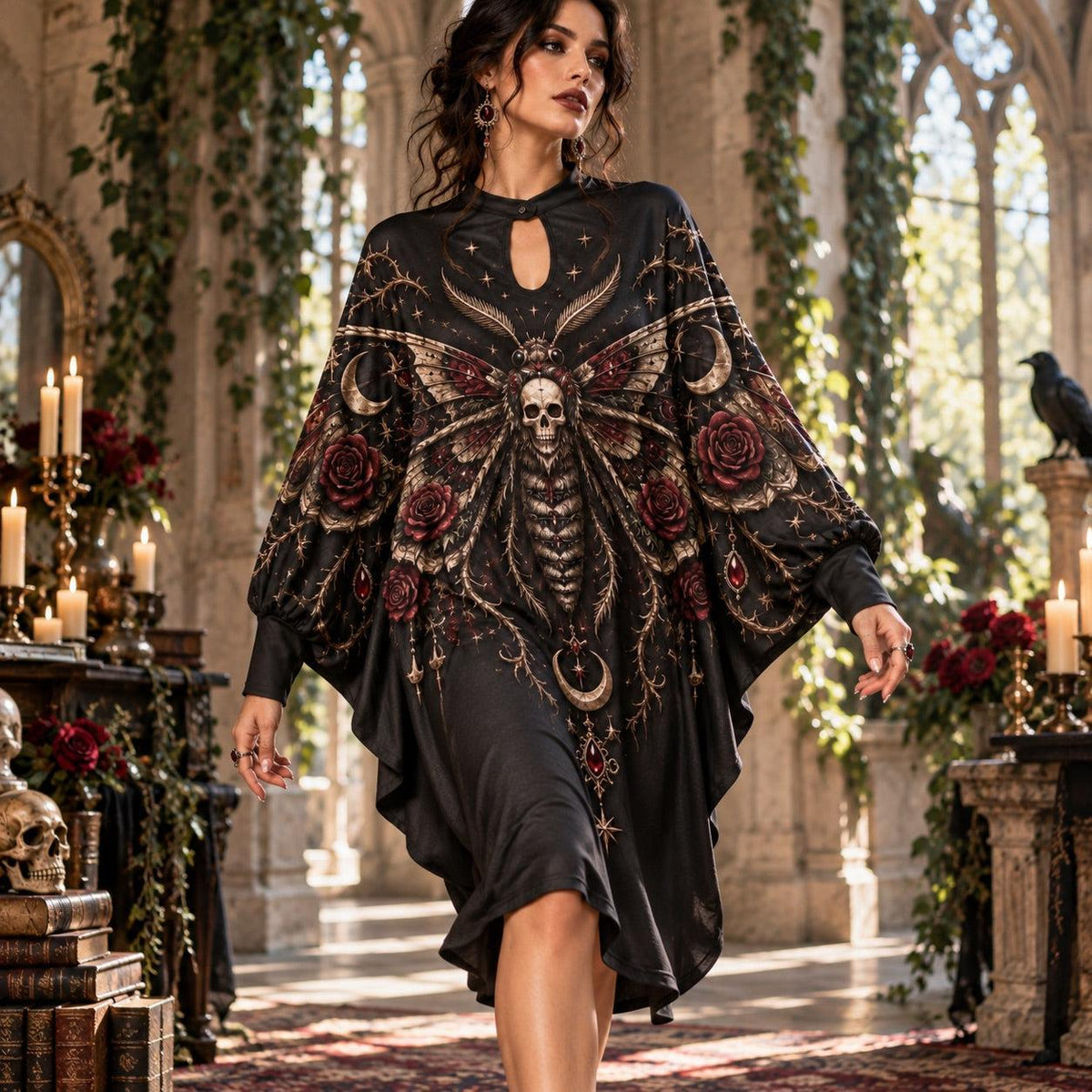 Death's-Head Moth Rose Gothic Batwing Dress – Thorn Moon Witchy Midi – worn, in motion