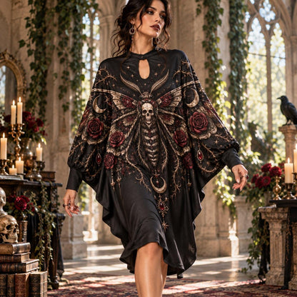 Death's-Head Moth Rose Gothic Batwing Dress – Thorn Moon Witchy Midi – worn, in motion