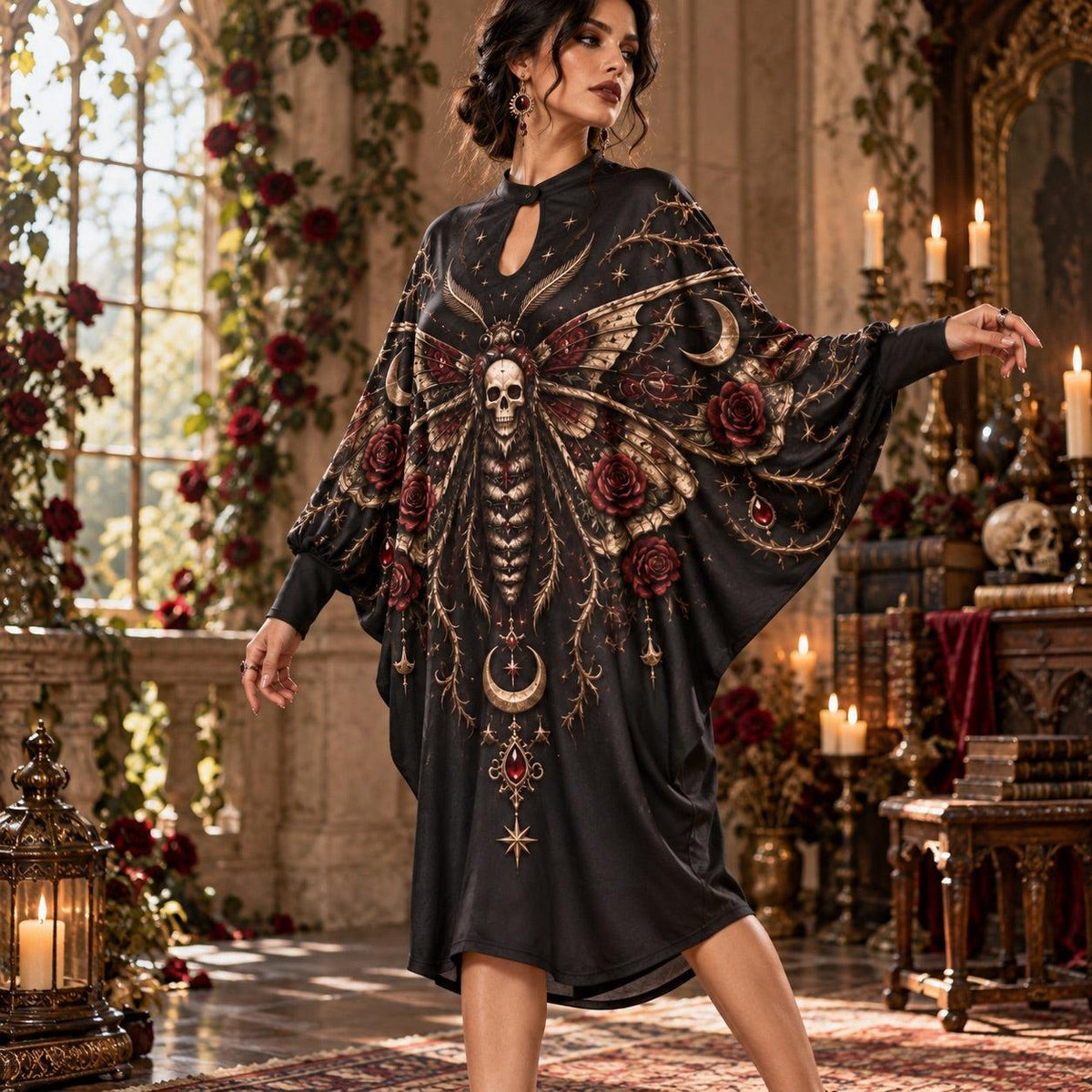 Death's-Head Moth Rose Gothic Batwing Dress – Thorn Moon Witchy Midi – worn, three quarter view