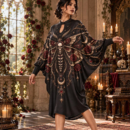 Death's-Head Moth Rose Gothic Batwing Dress – Thorn Moon Witchy Midi – worn, three quarter view