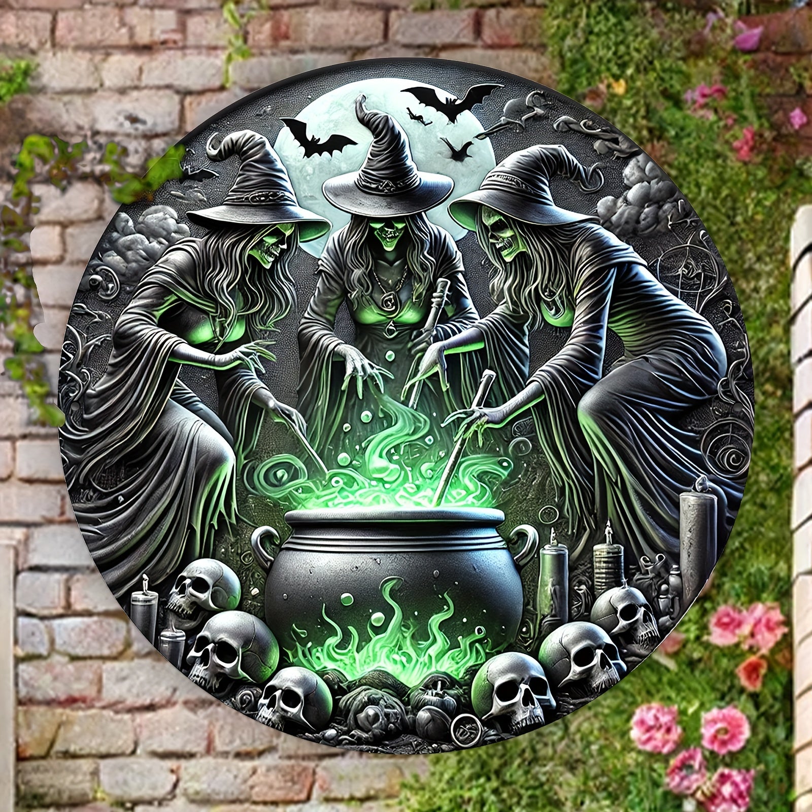 Three Witches Brewing Potion Metal Sign Witch Wall Art for Halloween Decor-MoonChildWorld