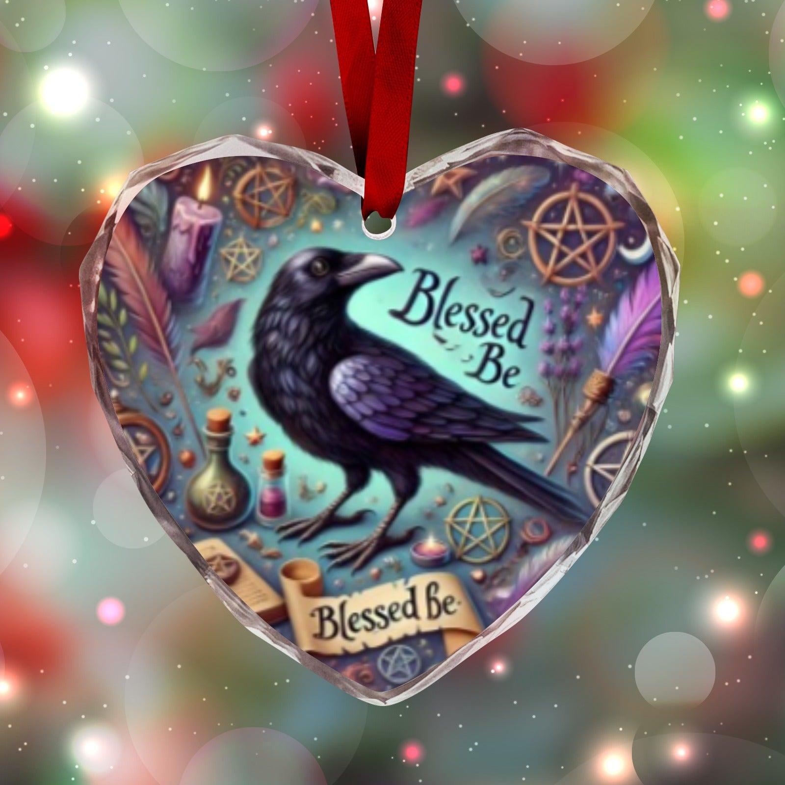 Gothic Raven Witch Crow Christmas Heart-Shaped Crystal Glass Ornament-MoonChildWorld