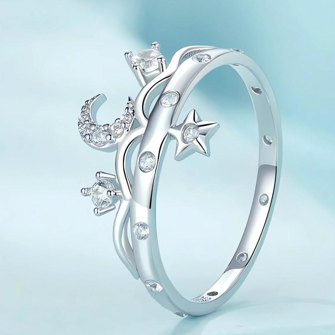 White Gold Plated 925 Sterling Silver Star Moon Ring-MoonChildWorld