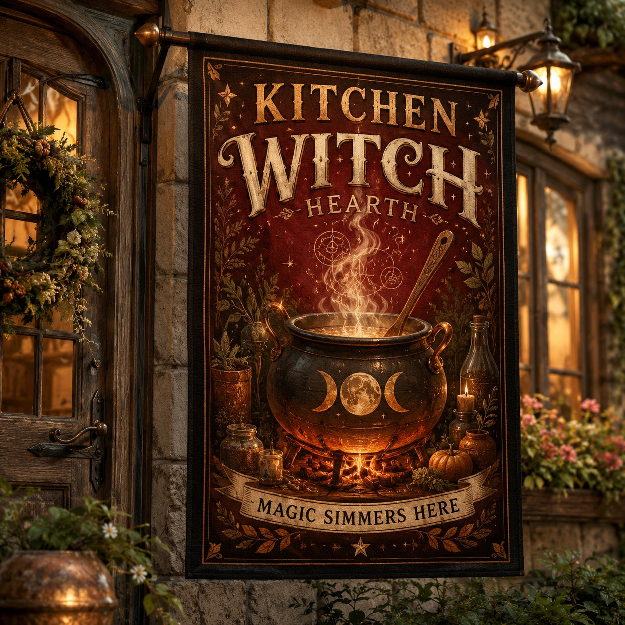 Kitchen Witch Hearth house flag with Magic Simmers Here cauldron design