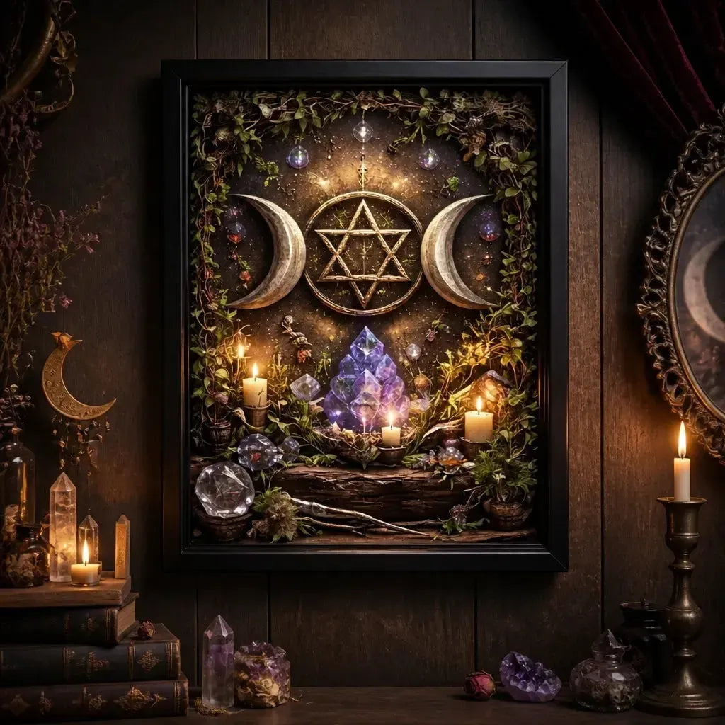 Sacred Triple Moon Wall Art - Black Framed Witchy Canvas for Magical Home Decoration_mockup_2.webp