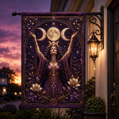 Triple Goddess Moon house flag with feminine silhouette and lunar design