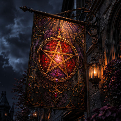 Gothic Pentacle house flag mockup hanging outdoors as pagan decor