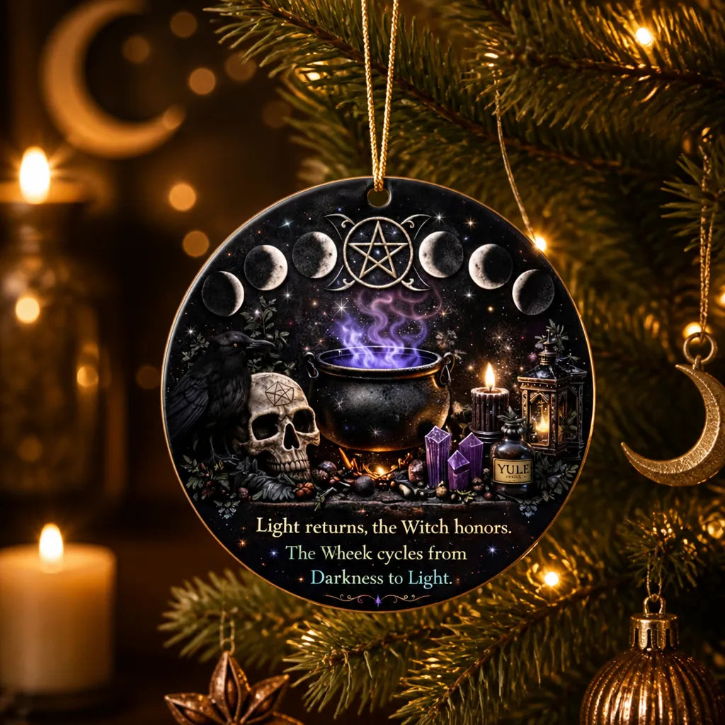 Gothic Skull Yule Ceramic Ornament with Moon Phase – Halloween Style Christmas Ornament_mockup_1.webp