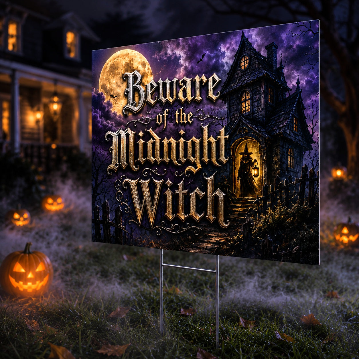 Beware Midnight Witch Halloween Gothic Yard Sign - close up detail