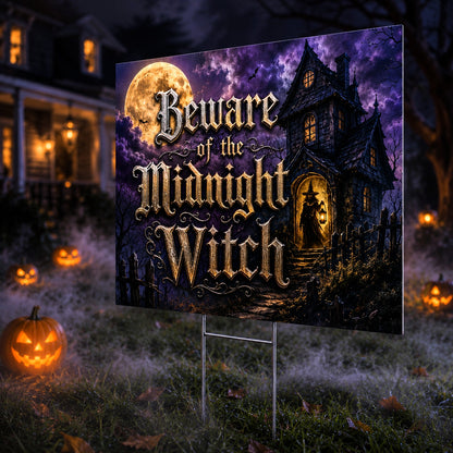 Beware Midnight Witch Halloween Gothic Yard Sign - close up detail