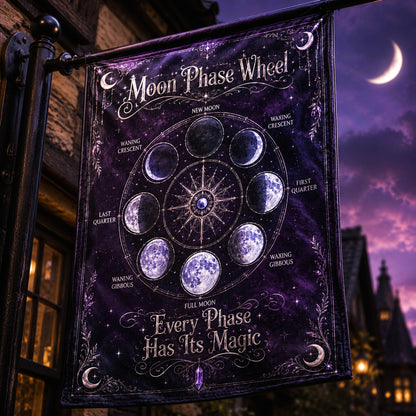 Lunar Phase Wheel Chart house flag displayed outdoors on a garden flag stand