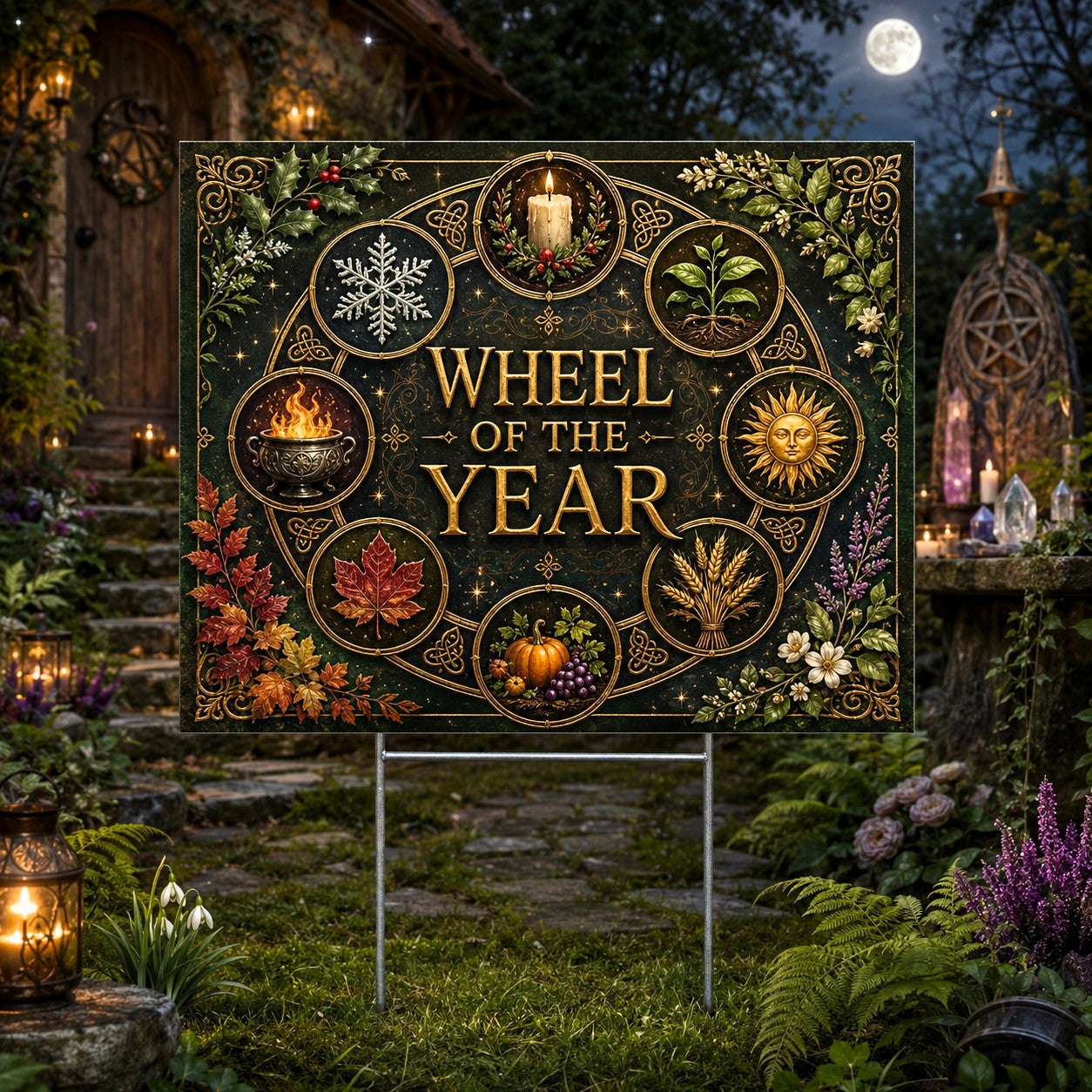 Wheel of the Year Seasonal Sun Wheel Wicca Yard Sign - front view