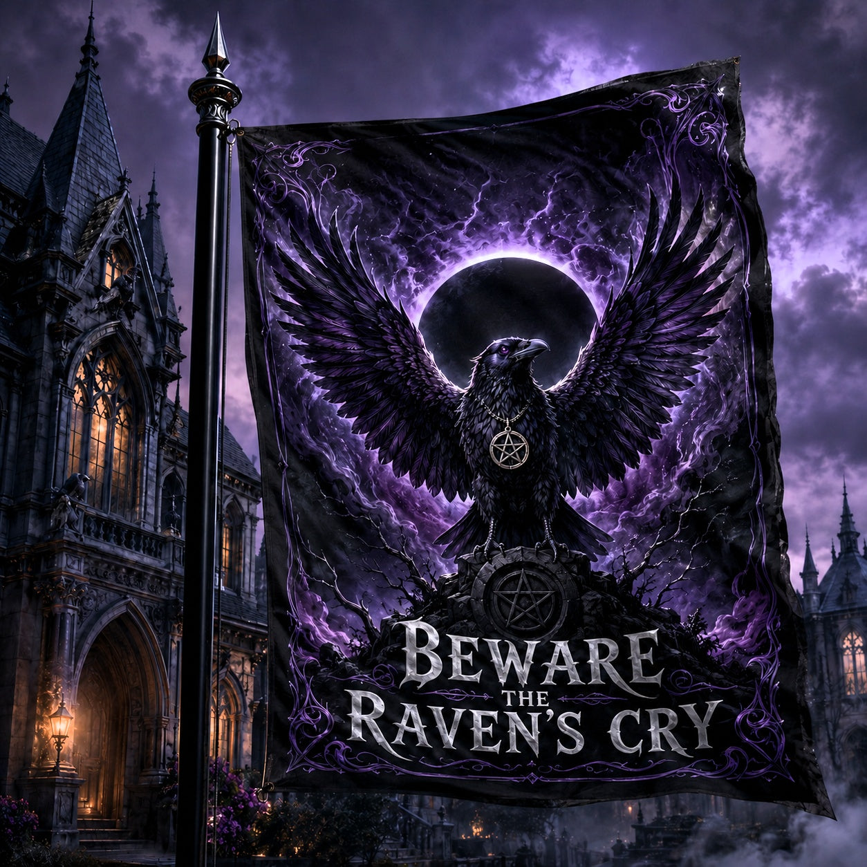 Raven of the Dark Moon house flag with Beware the Ravens Cry pagan gothic design