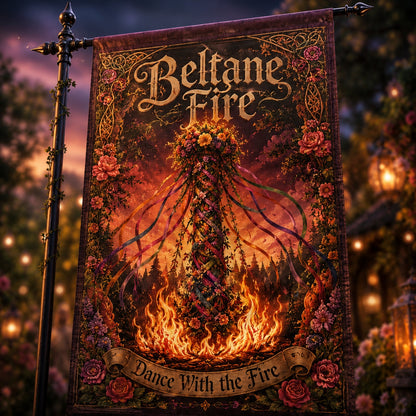Beltane Fire house flag displayed outdoors on a garden flag stand