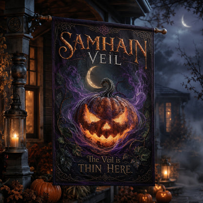 Samhain Veil house flag with The Veil is Thin Here pumpkin Halloween design