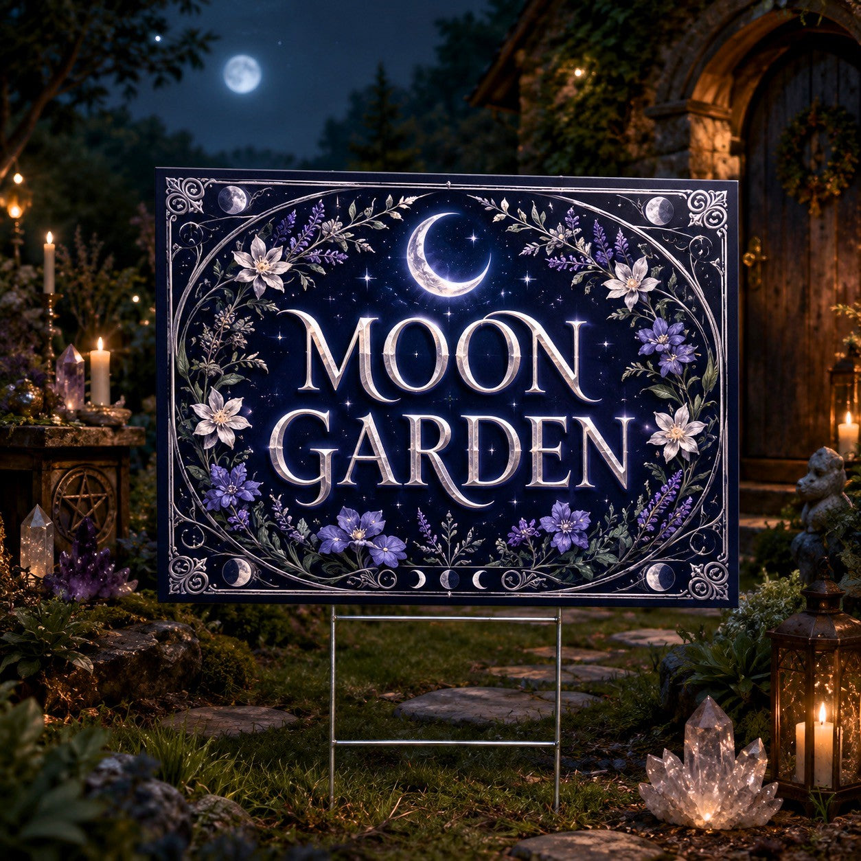 Moon Garden Crescent Moon Flowers Wicca Yard Sign - front view