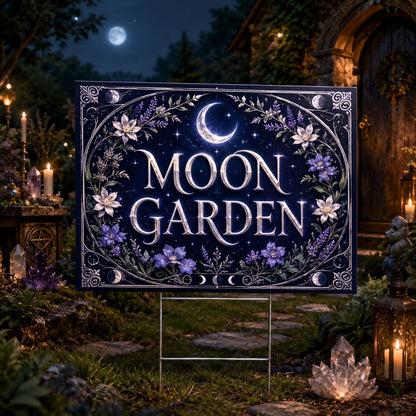 Moon Garden Crescent Moon Flowers Wicca Yard Sign - front view