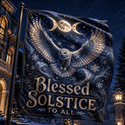 Blessed Solstice house flag with snowy owl triple moon winter design