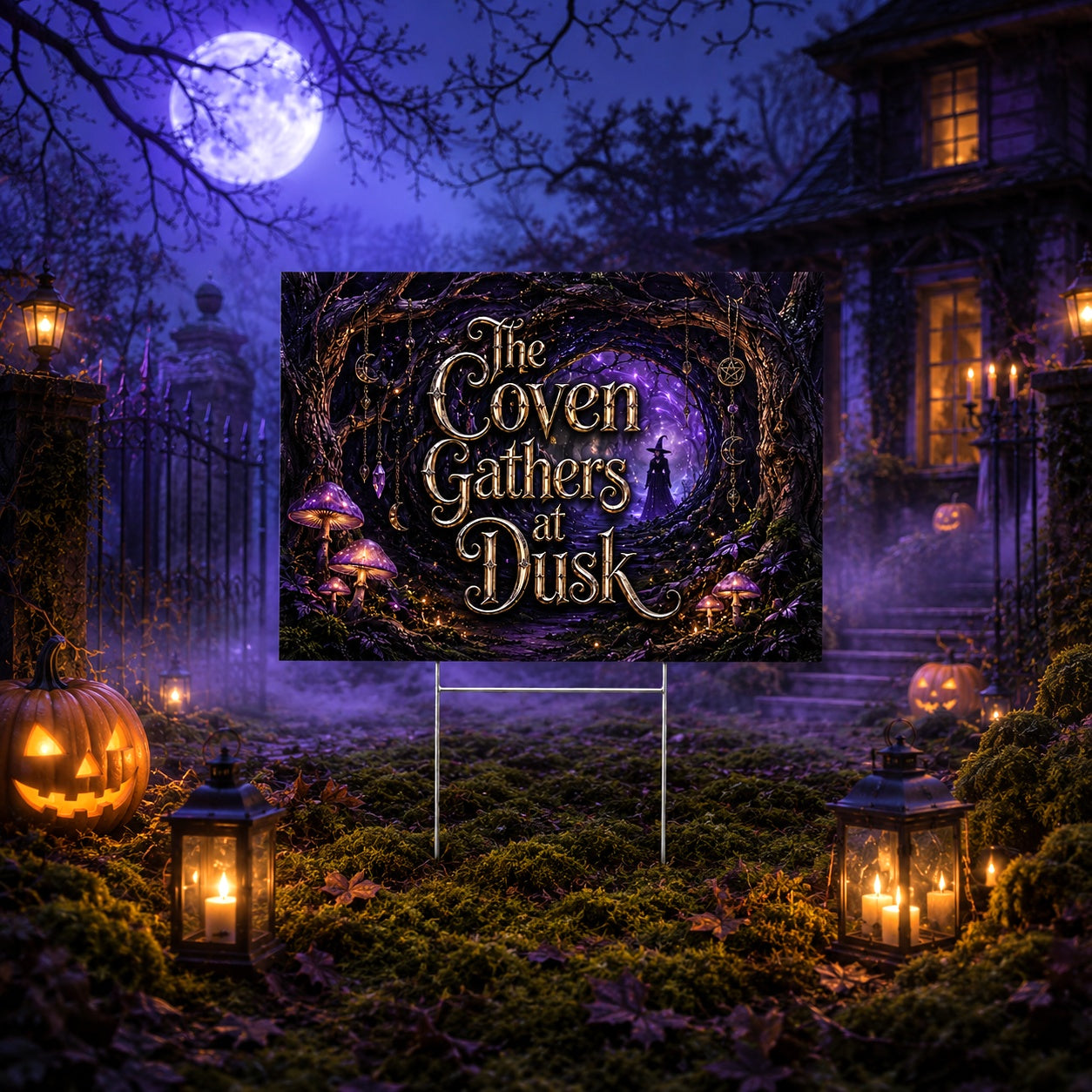 Witch Coven Halloween Yard Sign - porch scene