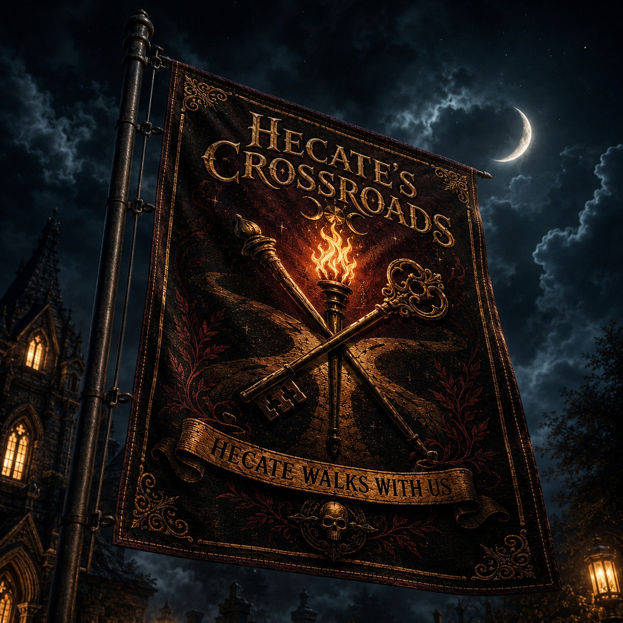 Hecates Crossroads house flag mockup hanging outdoors as pagan decor