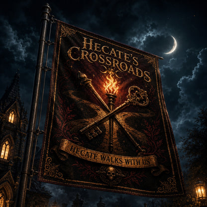 Hecates Crossroads house flag mockup hanging outdoors as pagan decor