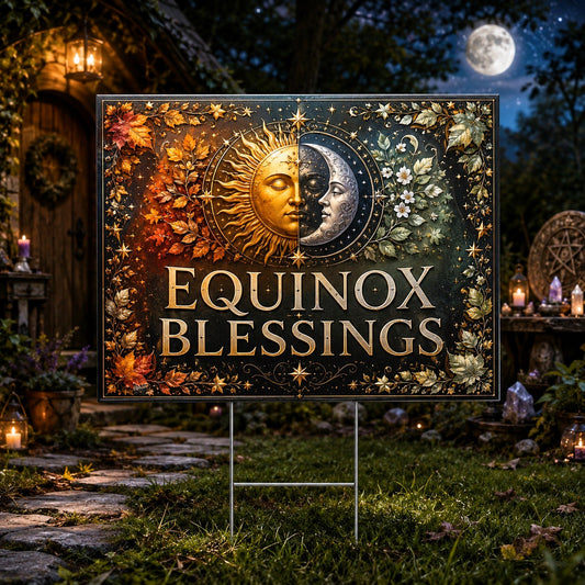 Equinox Blessings Sun Moon Autumn Leaves Wicca Yard Sign - front view