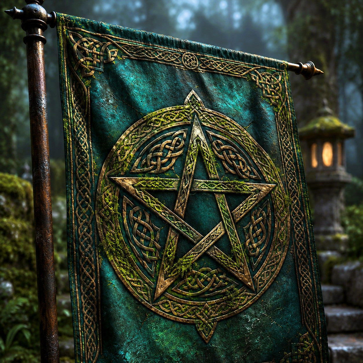 Pagan Celtic Pentacle house flag displayed outdoors on a garden flag stand