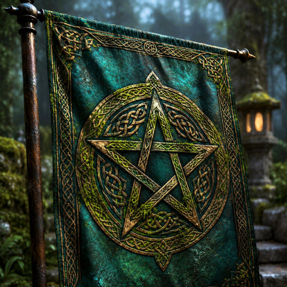 Pagan Celtic Pentacle house flag displayed outdoors on a garden flag stand