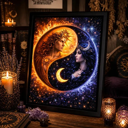 Wiccan Sun and Moon Goddess Wall Art - Celestial Black Framed Canvas Print for Mystic Home Decor_mockup_3.webp